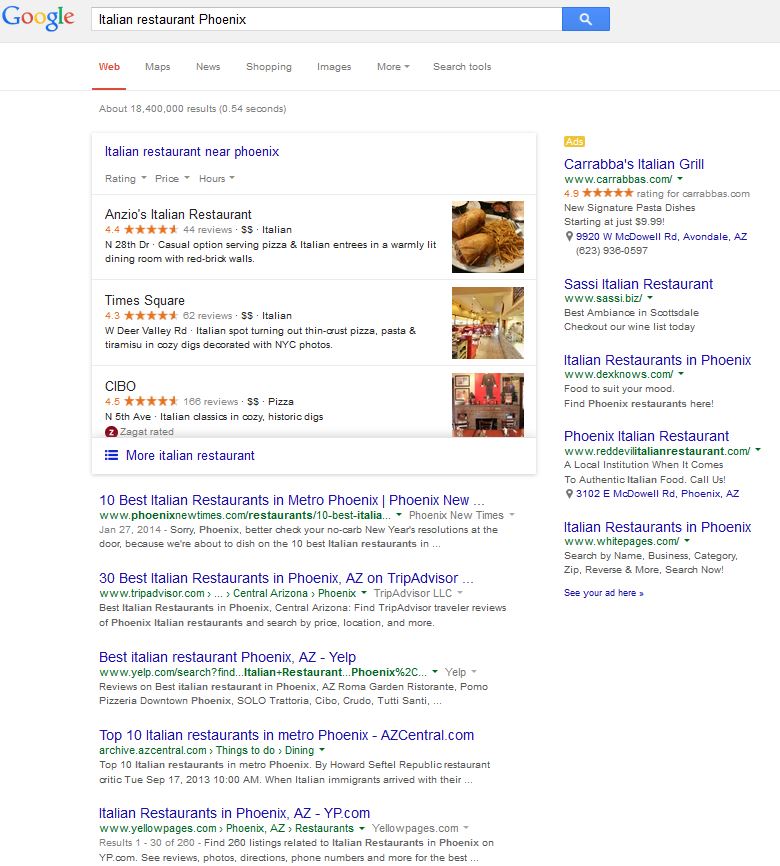 Screenshot - Google Italian Restaurant Search