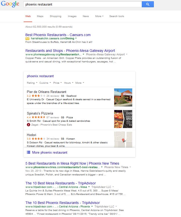 Screenshot - Google Phoenix Restaurant Search