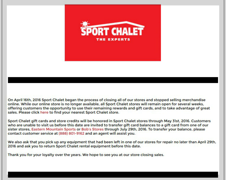 Sport Chalet Homepage Closing