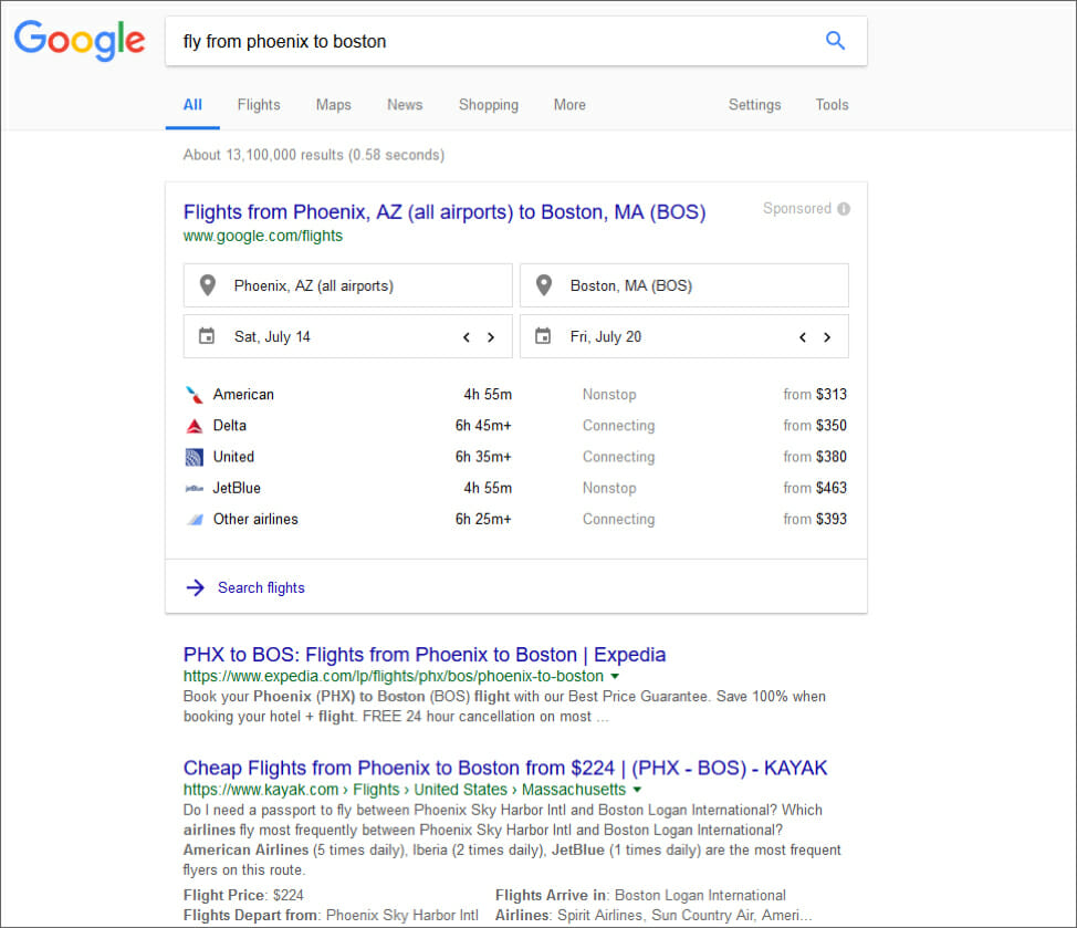 Google Flights Search Box Phoenix To Boston - ESEO
