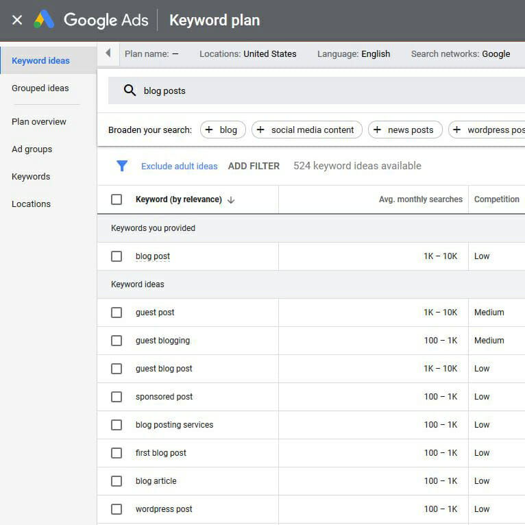 Google Ads Planner Screenshot