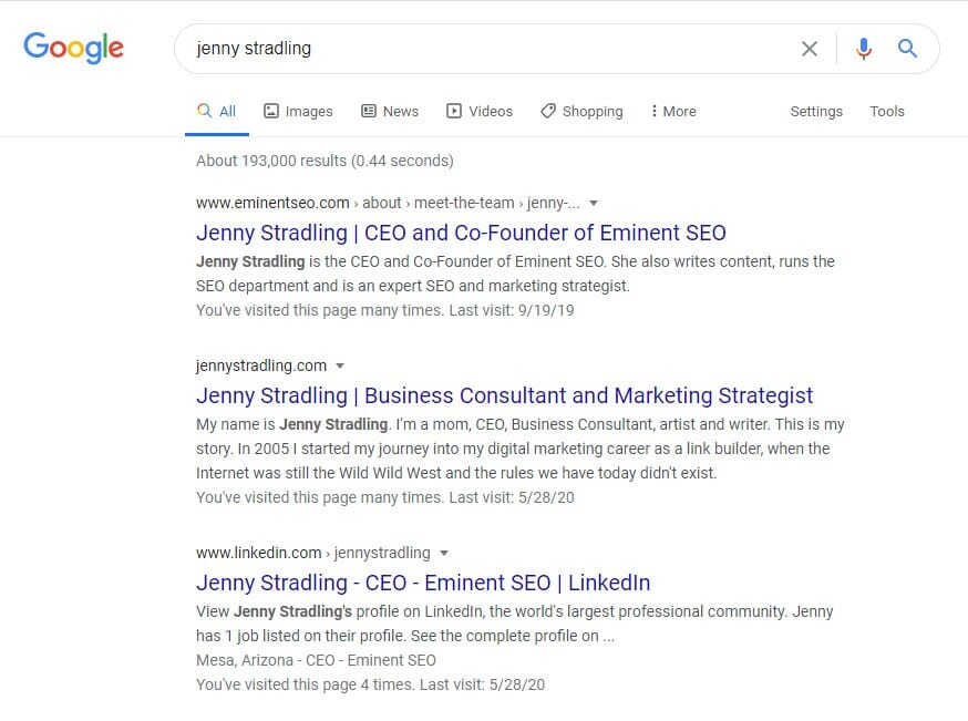Jenny Stradling - Google Organic SERP Example
