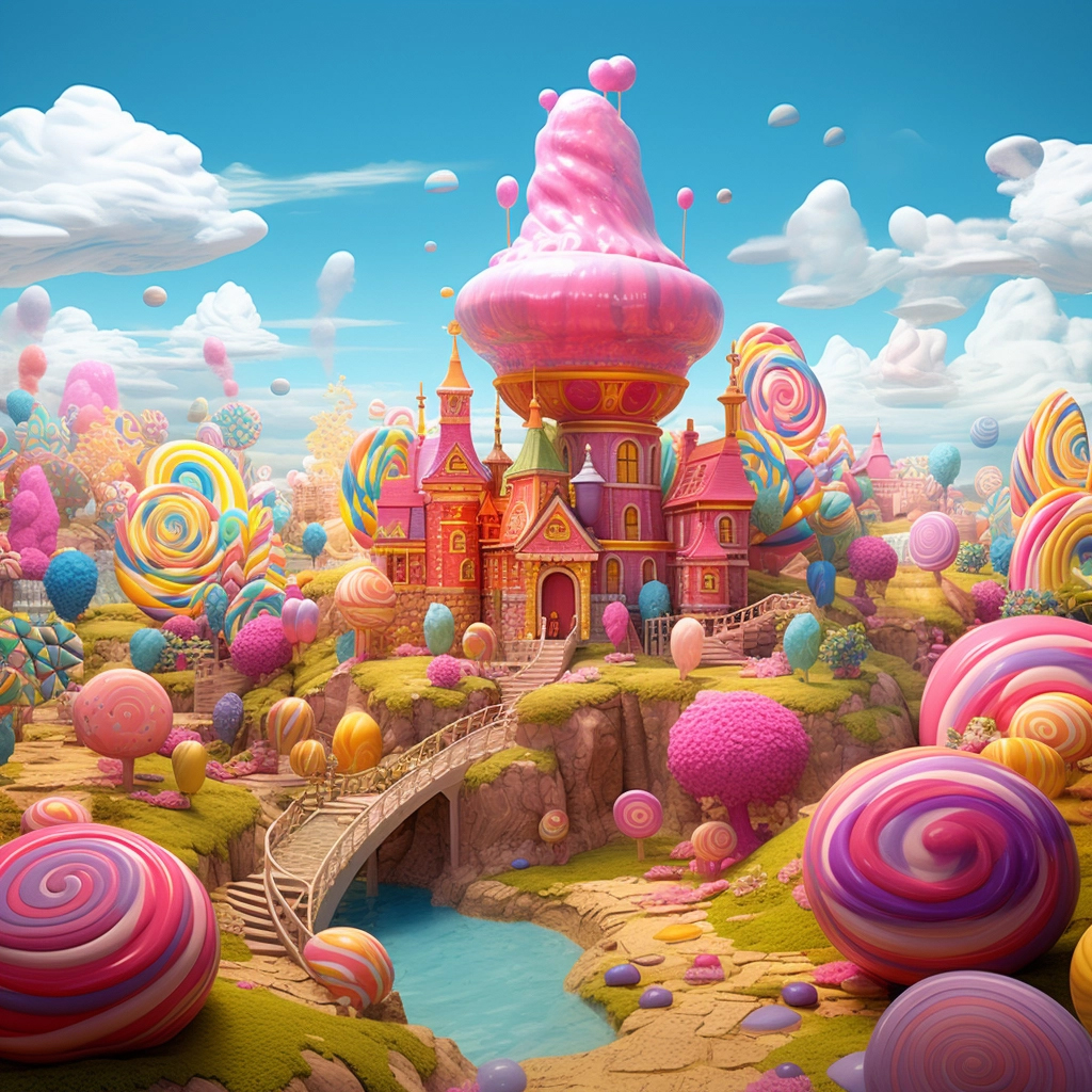A fantasy world made of candy in happy colors